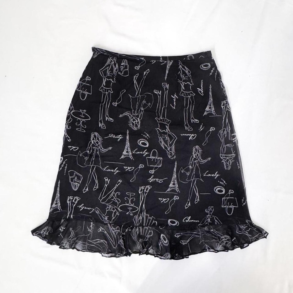 Vintage Allison Taylor silk midi skirt with ruffle trim and Parisian motifs
